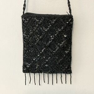 Vintage Black Beaded Purse Shoulder‎ Crossbody Bag Zippered Whimsigoth